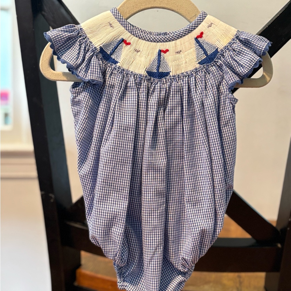 Blue and White Gingham Sailboat Smocked Bubble
